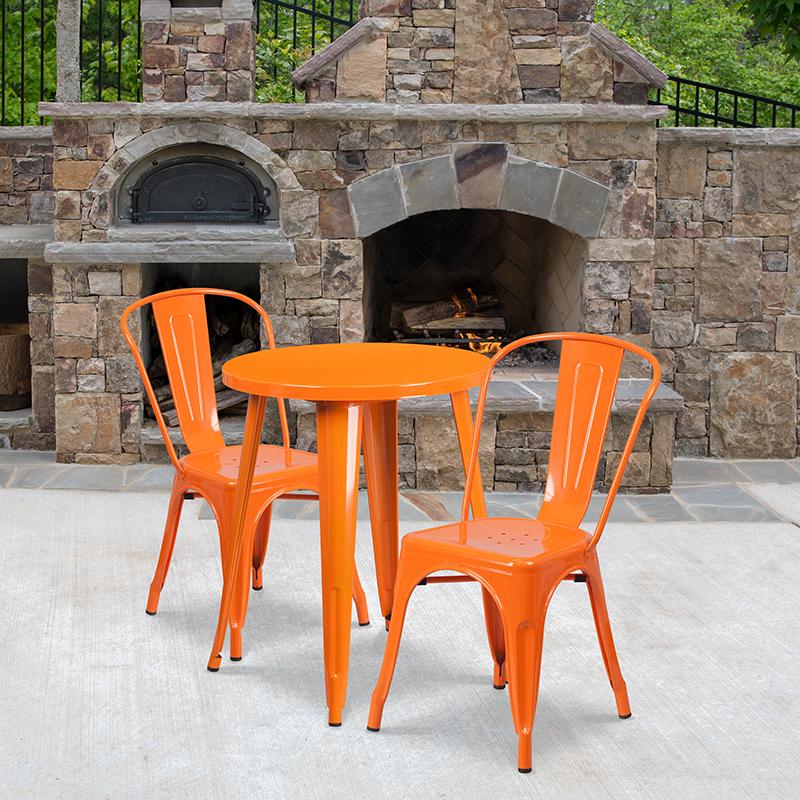 Flash Furniture 24'' Round Orange Metal Indoor-Outdoor Table Set with 2 Cafe Chairs - CH-51080TH-2-18CAFE-OR-GG