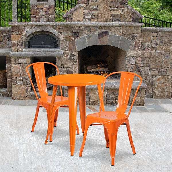 Flash Furniture 24'' Round Orange Metal Indoor-Outdoor Table Set with 2 Cafe Chairs - CH-51080TH-2-18CAFE-OR-GG
