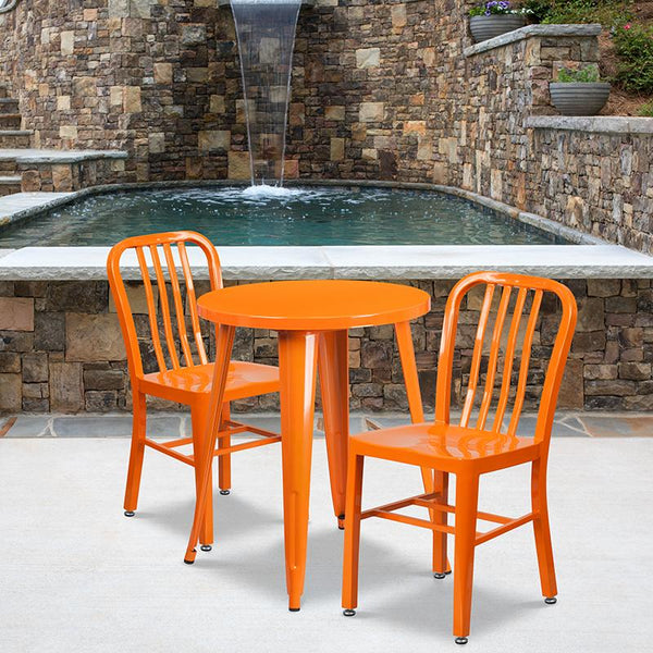 Flash Furniture 24'' Round Orange Metal Indoor-Outdoor Table Set with 2 Vertical Slat Back Chairs - CH-51080TH-2-18VRT-OR-GG