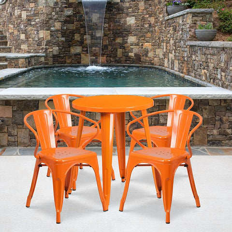Flash Furniture 24'' Round Orange Metal Indoor-Outdoor Table Set with 4 Arm Chairs - CH-51080TH-4-18ARM-OR-GG