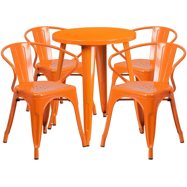 Flash Furniture 24'' Round Orange Metal Indoor-Outdoor Table Set with 4 Arm Chairs - CH-51080TH-4-18ARM-OR-GG