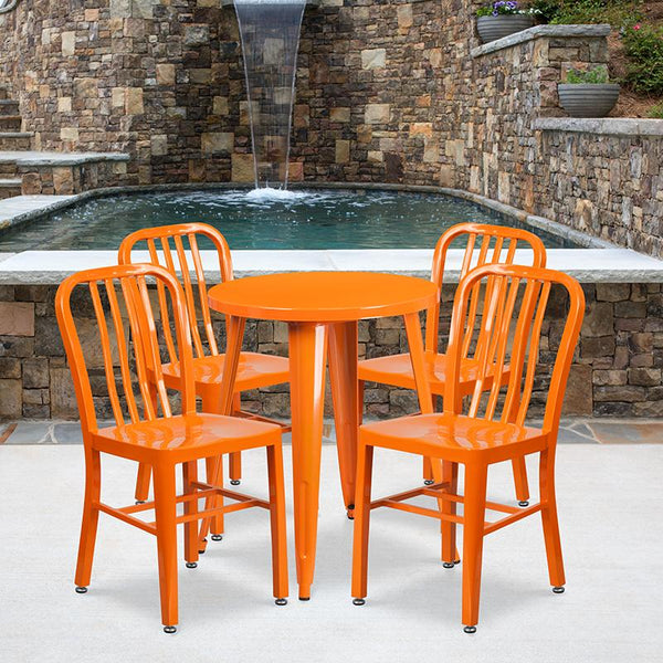Flash Furniture 24'' Round Orange Metal Indoor-Outdoor Table Set with 4 Vertical Slat Back Chairs - CH-51080TH-4-18VRT-OR-GG