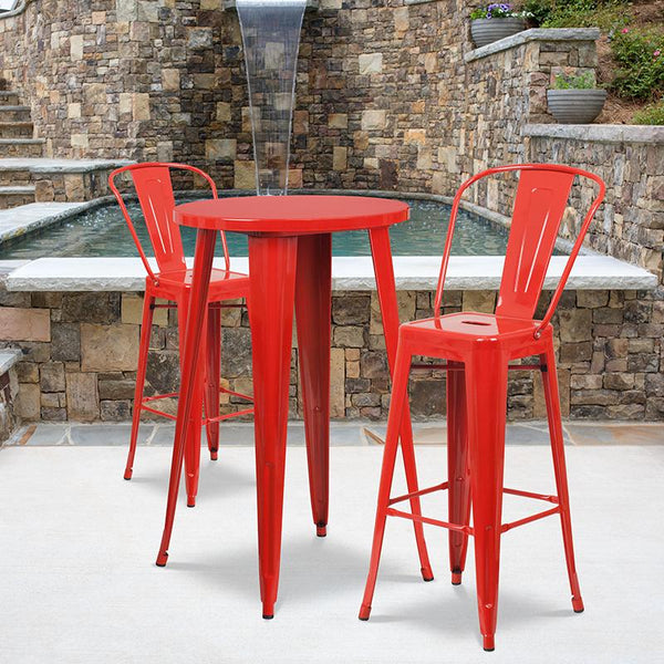 Flash Furniture 24'' Round Red Metal Indoor-Outdoor Bar Table Set with 2 Cafe Stools - CH-51080BH-2-30CAFE-RED-GG