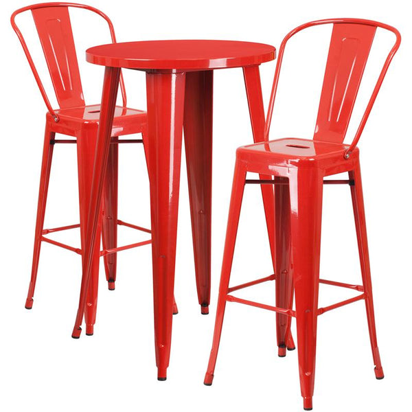 Flash Furniture 24'' Round Red Metal Indoor-Outdoor Bar Table Set with 2 Cafe Stools - CH-51080BH-2-30CAFE-RED-GG