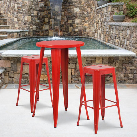 Flash Furniture 24'' Round Red Metal Indoor-Outdoor Bar Table Set with 2 Square Seat Backless Stools - CH-51080BH-2-30SQST-RED-GG