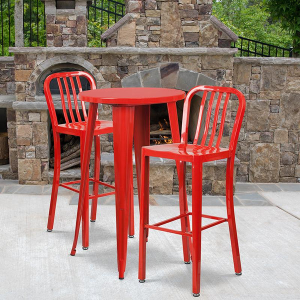 Flash Furniture 24'' Round Red Metal Indoor-Outdoor Bar Table Set with 2 Vertical Slat Back Stools - CH-51080BH-2-30VRT-RED-GG
