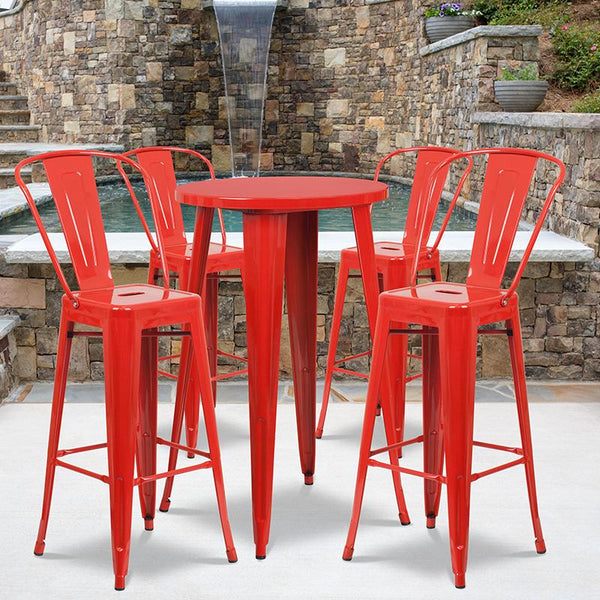 Flash Furniture 24'' Round Red Metal Indoor-Outdoor Bar Table Set with 4 Cafe Stools - CH-51080BH-4-30CAFE-RED-GG