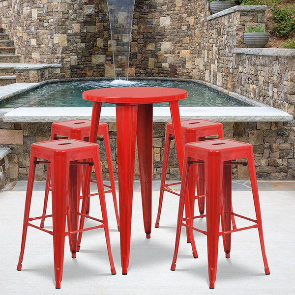 Flash Furniture 24'' Round Red Metal Indoor-Outdoor Bar Table Set with 4 Square Seat Backless Stools - CH-51080BH-4-30SQST-RED-GG