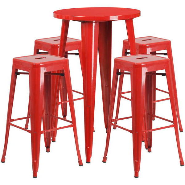 Flash Furniture 24'' Round Red Metal Indoor-Outdoor Bar Table Set with 4 Square Seat Backless Stools - CH-51080BH-4-30SQST-RED-GG