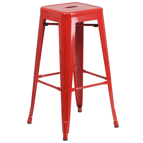 Flash Furniture 24'' Round Red Metal Indoor-Outdoor Bar Table Set with 4 Square Seat Backless Stools - CH-51080BH-4-30SQST-RED-GG