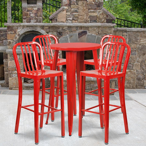 Flash Furniture 24'' Round Red Metal Indoor-Outdoor Bar Table Set with 4 Vertical Slat Back Stools - CH-51080BH-4-30VRT-RED-GG