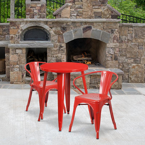 Flash Furniture 24'' Round Red Metal Indoor-Outdoor Table Set with 2 Arm Chairs - CH-51080TH-2-18ARM-RED-GG