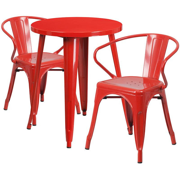 Flash Furniture 24'' Round Red Metal Indoor-Outdoor Table Set with 2 Arm Chairs - CH-51080TH-2-18ARM-RED-GG