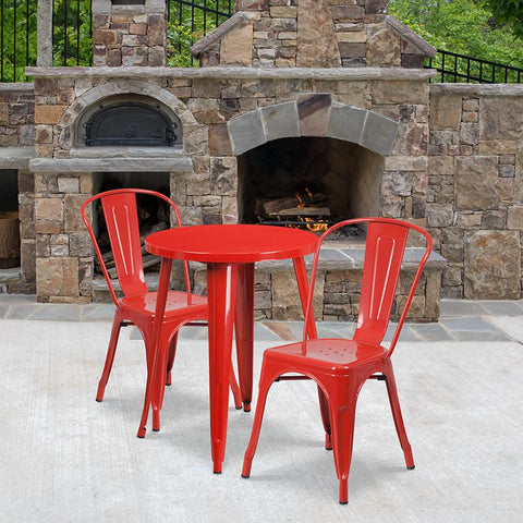 Flash Furniture 24'' Round Red Metal Indoor-Outdoor Table Set with 2 Cafe Chairs - CH-51080TH-2-18CAFE-RED-GG