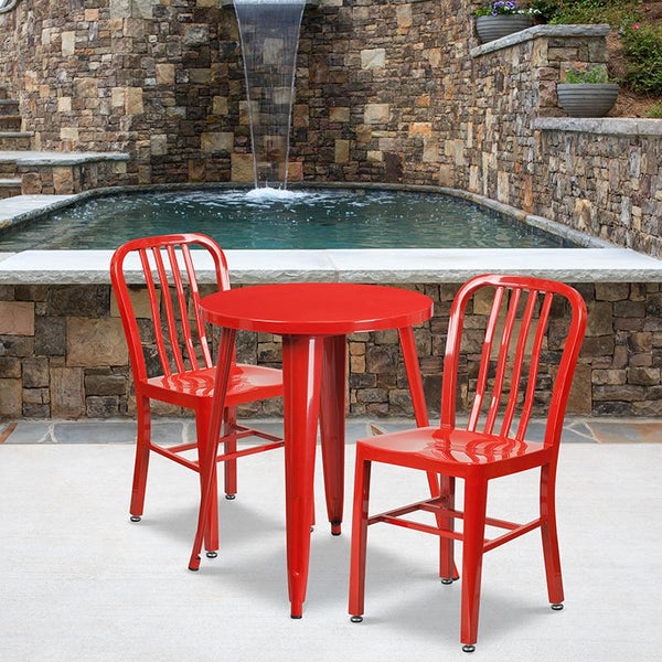 Flash Furniture 24'' Round Red Metal Indoor-Outdoor Table Set with 2 Vertical Slat Back Chairs - CH-51080TH-2-18VRT-RED-GG