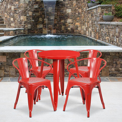 Flash Furniture 24'' Round Red Metal Indoor-Outdoor Table Set with 4 Arm Chairs - CH-51080TH-4-18ARM-RED-GG