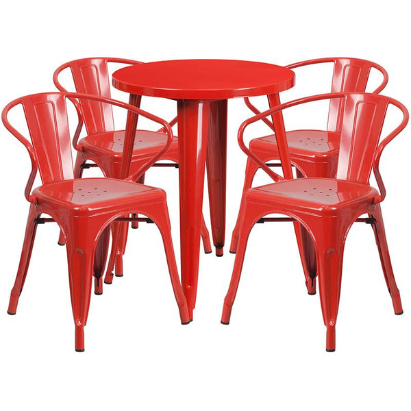 Flash Furniture 24'' Round Red Metal Indoor-Outdoor Table Set with 4 Arm Chairs - CH-51080TH-4-18ARM-RED-GG