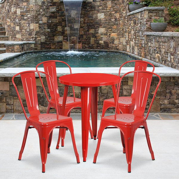 Flash Furniture 24'' Round Red Metal Indoor-Outdoor Table Set with 4 Cafe Chairs - CH-51080TH-4-18CAFE-RED-GG