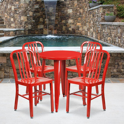 Flash Furniture 24'' Round Red Metal Indoor-Outdoor Table Set with 4 Vertical Slat Back Chairs - CH-51080TH-4-18VRT-RED-GG