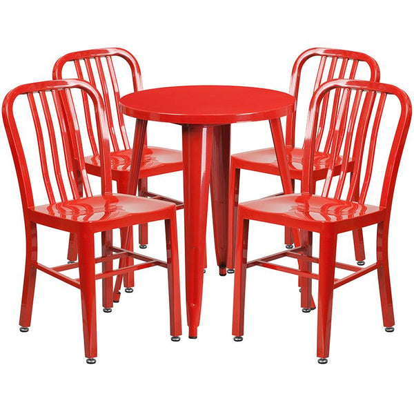 Flash Furniture 24'' Round Red Metal Indoor-Outdoor Table Set with 4 Vertical Slat Back Chairs - CH-51080TH-4-18VRT-RED-GG