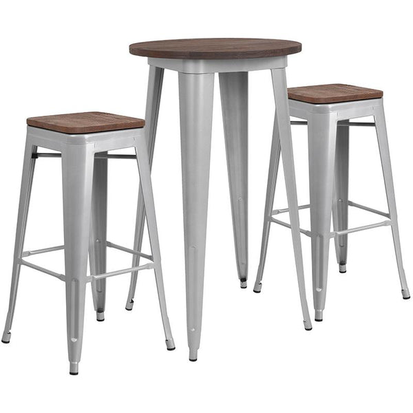 Flash Furniture 24" Round Silver Metal Bar Table Set with Wood Top and 2 Backless Stools - CH-WD-TBCH-9-GG