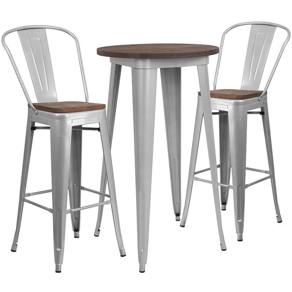 Flash Furniture 24" Round Silver Metal Bar Table Set with Wood Top and 2 Stools - CH-WD-TBCH-8-GG