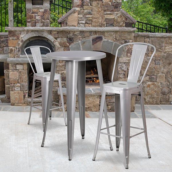 Flash Furniture 24'' Round Silver Metal Indoor-Outdoor Bar Table Set with 2 Cafe Stools - CH-51080BH-2-30CAFE-SIL-GG