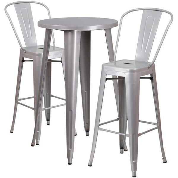 Flash Furniture 24'' Round Silver Metal Indoor-Outdoor Bar Table Set with 2 Cafe Stools - CH-51080BH-2-30CAFE-SIL-GG