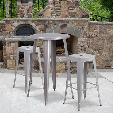 Flash Furniture 24'' Round Silver Metal Indoor-Outdoor Bar Table Set with 2 Square Seat Backless Stools - CH-51080BH-2-30SQST-SIL-GG