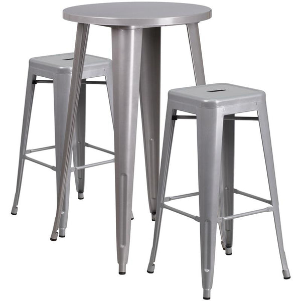 Flash Furniture 24'' Round Silver Metal Indoor-Outdoor Bar Table Set with 2 Square Seat Backless Stools - CH-51080BH-2-30SQST-SIL-GG