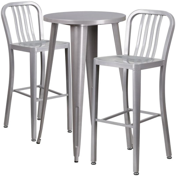 Flash Furniture 24'' Round Silver Metal Indoor-Outdoor Bar Table Set with 2 Vertical Slat Back Stools - CH-51080BH-2-30VRT-SIL-GG