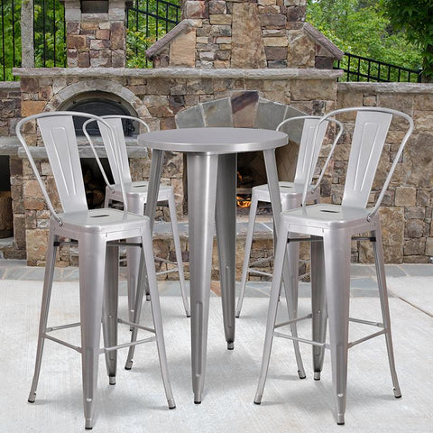 Flash Furniture 24'' Round Silver Metal Indoor-Outdoor Bar Table Set with 4 Cafe Stools - CH-51080BH-4-30CAFE-SIL-GG