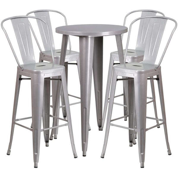 Flash Furniture 24'' Round Silver Metal Indoor-Outdoor Bar Table Set with 4 Cafe Stools - CH-51080BH-4-30CAFE-SIL-GG