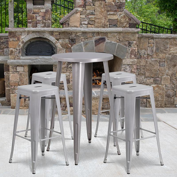 Flash Furniture 24'' Round Silver Metal Indoor-Outdoor Bar Table Set with 4 Square Seat Backless Stools - CH-51080BH-4-30SQST-SIL-GG