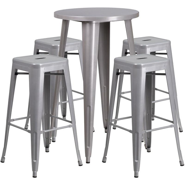 Flash Furniture 24'' Round Silver Metal Indoor-Outdoor Bar Table Set with 4 Square Seat Backless Stools - CH-51080BH-4-30SQST-SIL-GG