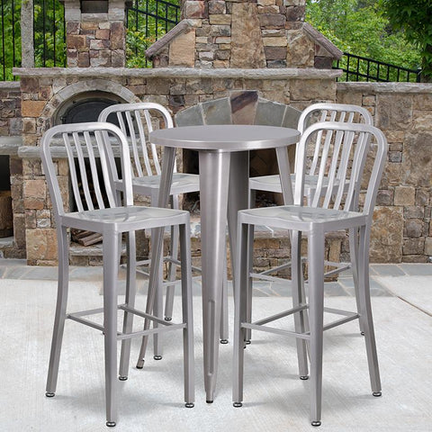 Flash Furniture 24'' Round Silver Metal Indoor-Outdoor Bar Table Set with 4 Vertical Slat Back Stools - CH-51080BH-4-30VRT-SIL-GG