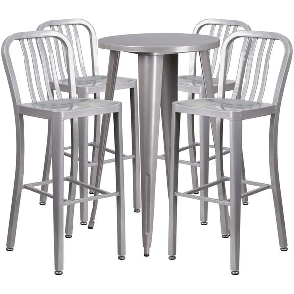 Flash Furniture 24'' Round Silver Metal Indoor-Outdoor Bar Table Set with 4 Vertical Slat Back Stools - CH-51080BH-4-30VRT-SIL-GG