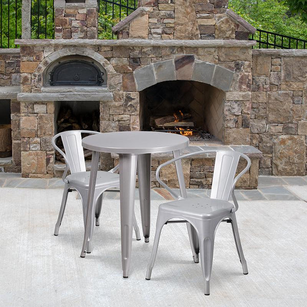 Flash Furniture 24'' Round Silver Metal Indoor-Outdoor Table Set with 2 Arm Chairs - CH-51080TH-2-18ARM-SIL-GG