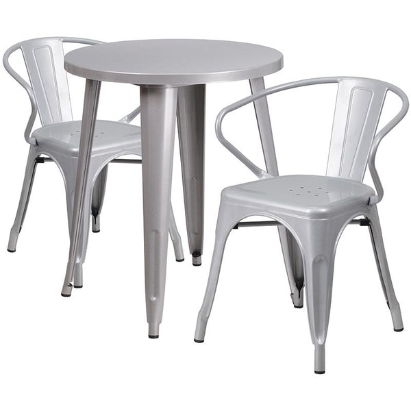 Flash Furniture 24'' Round Silver Metal Indoor-Outdoor Table Set with 2 Arm Chairs - CH-51080TH-2-18ARM-SIL-GG