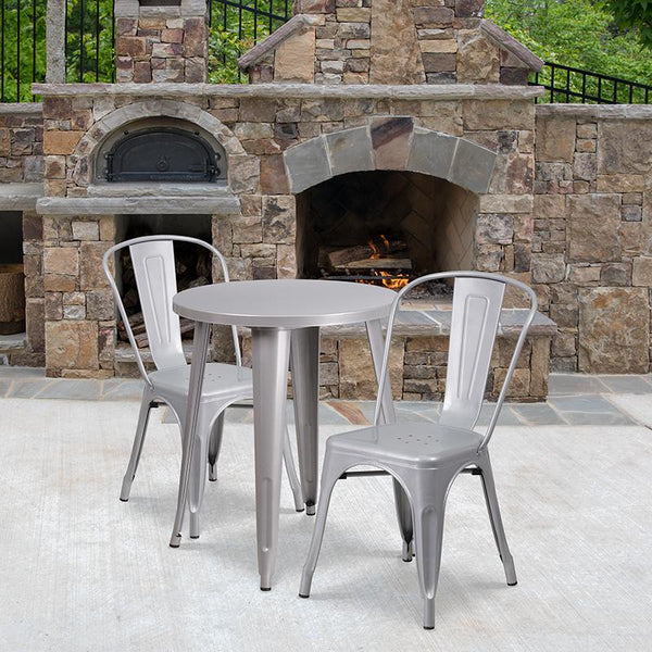 Flash Furniture 24'' Round Silver Metal Indoor-Outdoor Table Set with 2 Cafe Chairs - CH-51080TH-2-18CAFE-SIL-GG