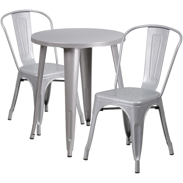 Flash Furniture 24'' Round Silver Metal Indoor-Outdoor Table Set with 2 Cafe Chairs - CH-51080TH-2-18CAFE-SIL-GG