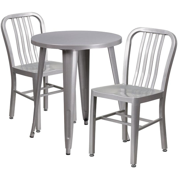 Flash Furniture 24'' Round Silver Metal Indoor-Outdoor Table Set with 2 Vertical Slat Back Chairs - CH-51080TH-2-18VRT-SIL-GG