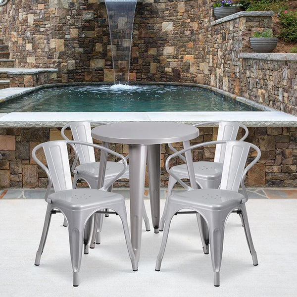 Flash Furniture 24'' Round Silver Metal Indoor-Outdoor Table Set with 4 Arm Chairs - CH-51080TH-4-18ARM-SIL-GG