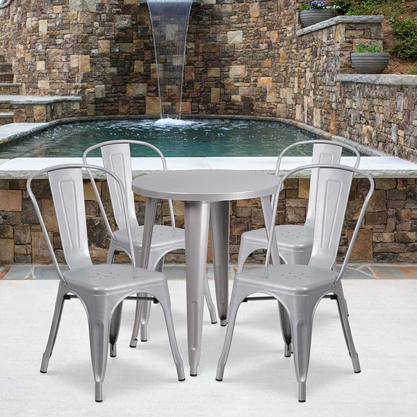 Flash Furniture 24'' Round Silver Metal Indoor-Outdoor Table Set with 4 Cafe Chairs - CH-51080TH-4-18CAFE-SIL-GG