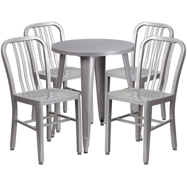 Flash Furniture 24'' Round Silver Metal Indoor-Outdoor Table Set with 4 Vertical Slat Back Chairs - CH-51080TH-4-18VRT-SIL-GG