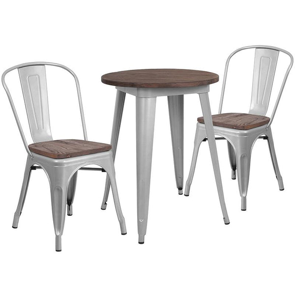 Flash Furniture 24" Round Silver Metal Table Set with Wood Top and 2 Stack Chairs - CH-WD-TBCH-7-GG