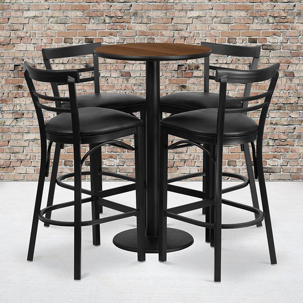 Flash Furniture 24'' Round Walnut Laminate Table Set with Round Base and 4 Two-Slat Ladder Back Metal Barstools - Black Vinyl Seat - RSRB1036-GG