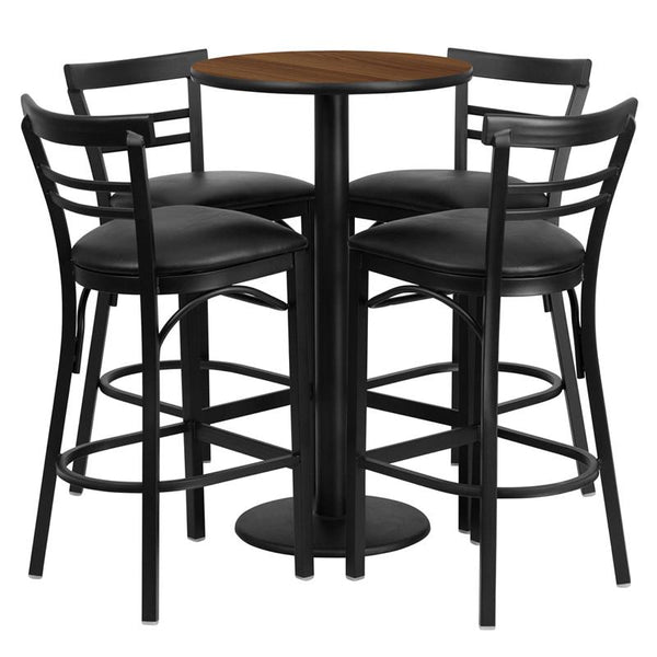 Flash Furniture 24'' Round Walnut Laminate Table Set with Round Base and 4 Two-Slat Ladder Back Metal Barstools - Black Vinyl Seat - RSRB1036-GG