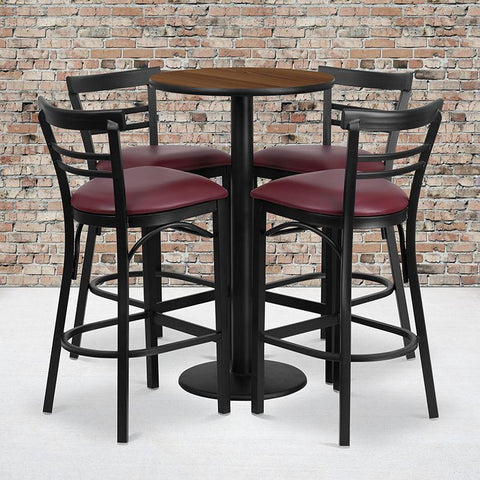 Flash Furniture 24'' Round Walnut Laminate Table Set with Round Base and 4 Two-Slat Ladder Back Metal Barstools - Burgundy Vinyl Seat - RSRB1040-GG