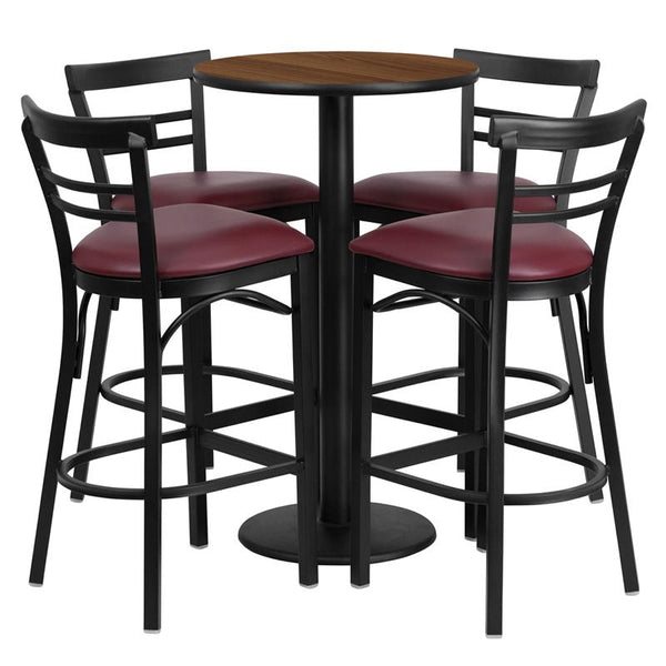 Flash Furniture 24'' Round Walnut Laminate Table Set with Round Base and 4 Two-Slat Ladder Back Metal Barstools - Burgundy Vinyl Seat - RSRB1040-GG